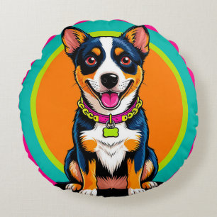 Cute Animated Dog with Collar Round Cushion