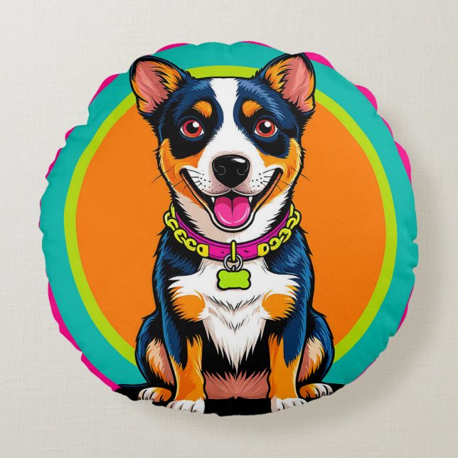 Cute Animated Dog with Collar Round Cushion (Front)