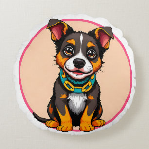 Cute Animated Dog with Collar Round Cushion