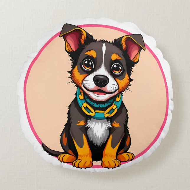 Cute Animated Dog with Collar Round Cushion (Front)