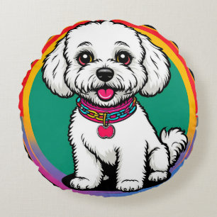 Cute Animated Dog with Collar Round Cushion