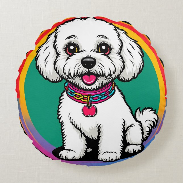 Cute Animated Dog with Collar Round Cushion (Front)