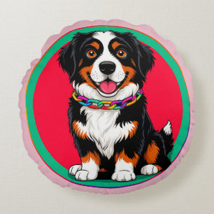 Cute Animated Dog with Collar Round Cushion