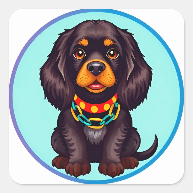 Cute Animated Dog with Collar Square Sticker (Front)