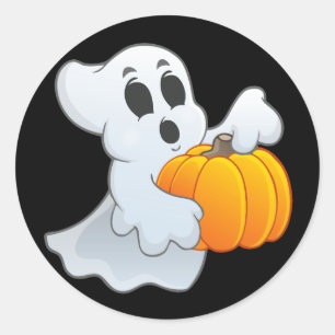 Cute animated Ghost with Pumpkin Classic Round Sticker