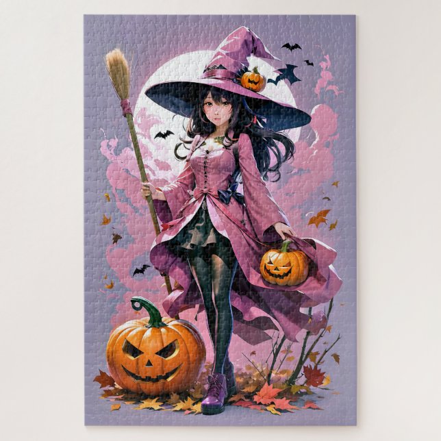 Cute Animated Halloween Witch, Jack-O-Lanterns  Jigsaw Puzzle (Vertical)