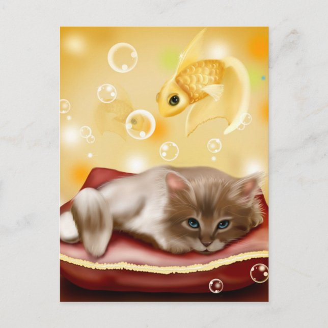 Cute animated kitten dreaming postcard (Front)