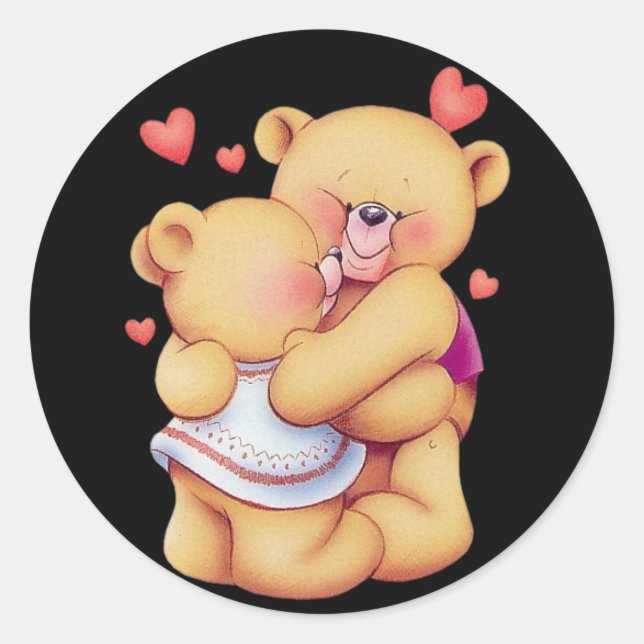 Cute Animated Valentine's Day Hugging Teddy Bears Classic Round Sticker (Front)