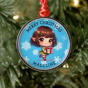 Cute Anime Asian Elf Personalized Christmas Metal Tree Decoration
