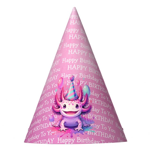 Cute Anime Axolotl Pink and Purple Girl's Birthday Party Hat (Front)