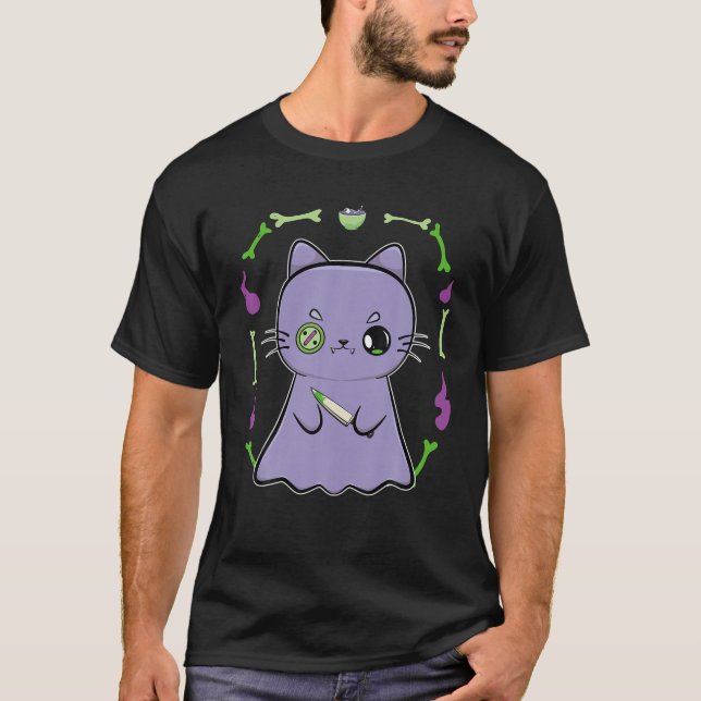 Cute Anime Black Cat Ghost And Knife For Halloween T-Shirt (Front)