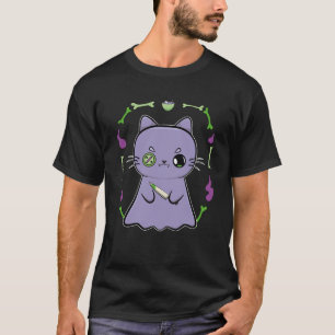 Cute Anime Black Cat Ghost And Knife For Halloween T-Shirt