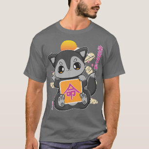 Cute Anime Black Fox With Life Kanji And Japanese T-Shirt