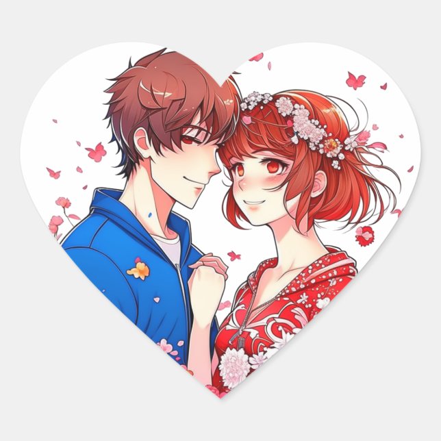 Cute Anime Boy and Girl Cuddling Heart Sticker (Front)