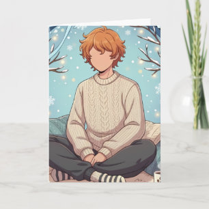 Cute Anime Boy Drinking Coffee in Winter Card