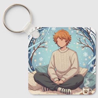 Cute Anime Boy Drinking Coffee in Winter Key Ring