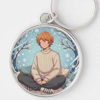 Cute Anime Boy Drinking Coffee in Winter Key Ring