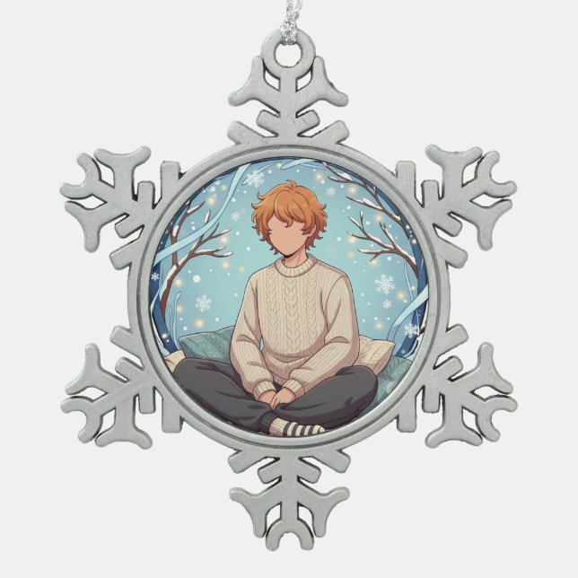 Cute Anime Boy Drinking Coffee in Winter Snowflake Pewter Christmas Ornament (Front)