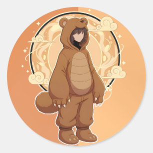 Cute Anime Boy in Bear Classic Round Sticker