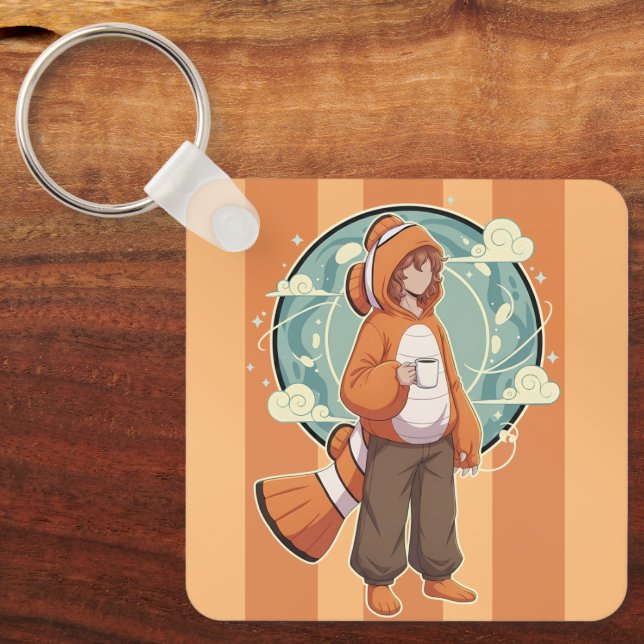 Cute Anime Boy in Clownfish Costume drinking Coffe Key Ring (Front)