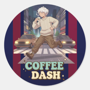 Cute Anime Boy Running in the City with Coffee Classic Round Sticker