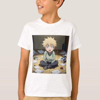 Cute Anime Boy Surprised in Messy Room – Emotional T-Shirt