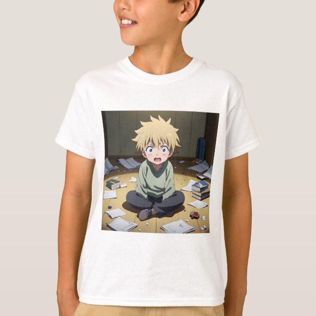Cute Anime Boy Surprised in Messy Room – Emotional T-Shirt (Front)