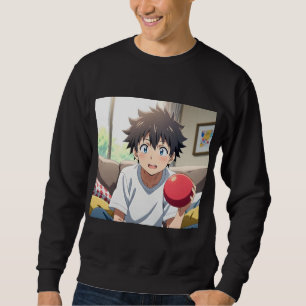 Cute Anime Boy with Blue Eyes Holding a Red Ball a Sweatshirt