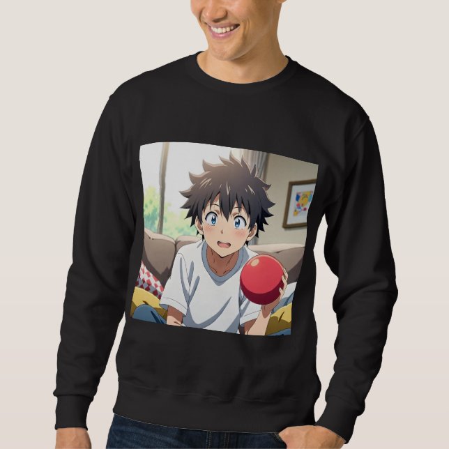 Cute Anime Boy with Blue Eyes Holding a Red Ball a Sweatshirt (Front)