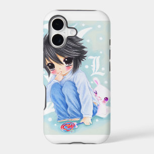 Cute anime boy with lollipop and kawaii bunny
