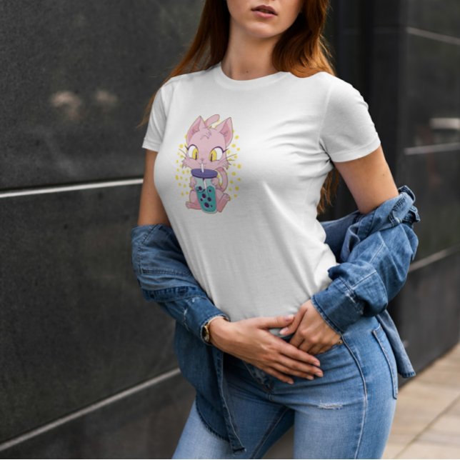 Cute Anime Cat Drinking Boba Tea  T-Shirt (Creator Uploaded)
