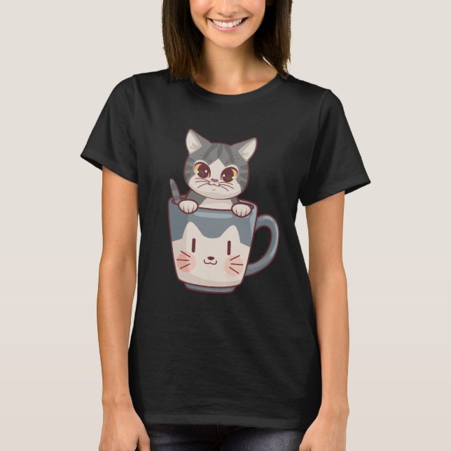 Cute Anime Cat in Cup Vector Art T-Shirt (Front)