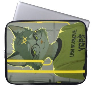 Cute Anime Cat with Glasses Lime Green Graphic Laptop Sleeve