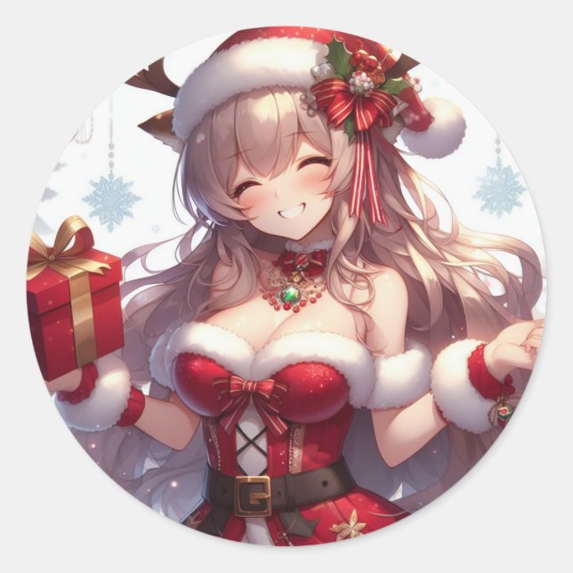 Cute anime Christmas girl Classic Round Sticker (Front)