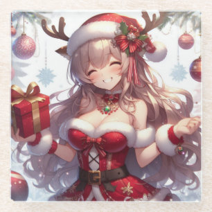 Cute anime Christmas girl Glass Coaster