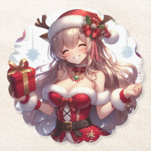 Cute anime Christmas girl Paper Coaster