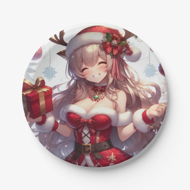 Cute anime Christmas girl Paper Plate (Front)