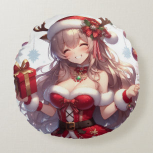 Cute anime Christmas girl Round Cushion