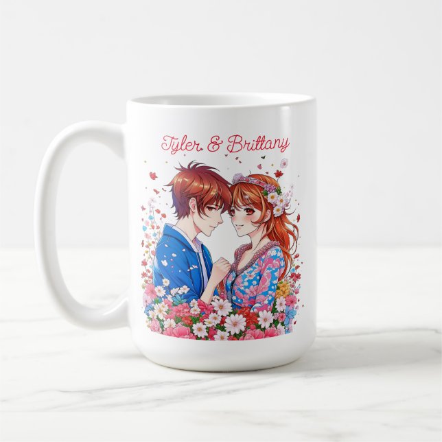 Cute Anime Couple Cuddling Personalised Coffee Mug (Left)
