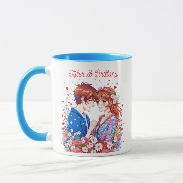 Cute Anime Couple Cuddling Personalised Mug (Left)
