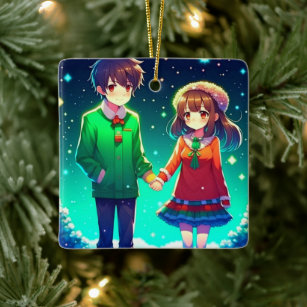 Cute Anime Couple Holding Hands Personalised  Ceramic Ornament