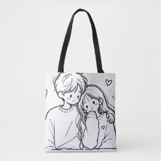 Cute Anime Couple Line Art Tote Bag