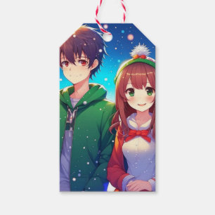 Cute Anime Couple Merry Christmas Gift Tags