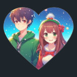 Cute Anime Couple | Merry Christmas  Heart Sticker<br><div class="desc">Cute anime boy and girl couple romantic Christmas ai art.  Merry Christmas stickers. Cute for sealing Christmas card envelopes.</div>