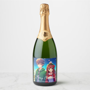 Cute Anime Couple   Merry Christmas  Sparkling Wine Label