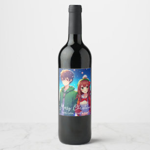 Cute Anime Couple   Merry Christmas  Wine Label