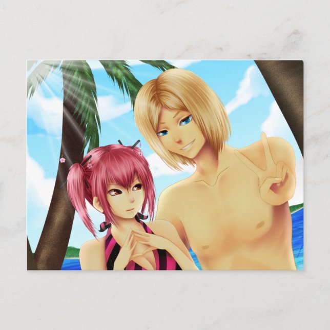 Cute anime couple on vacation post card (Front)