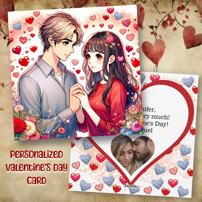 Cute Anime Couple Personalised Valentine's Day Holiday Card (Creator Uploaded)