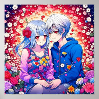 Cute Anime Couple surrounded by Flowers and Heart