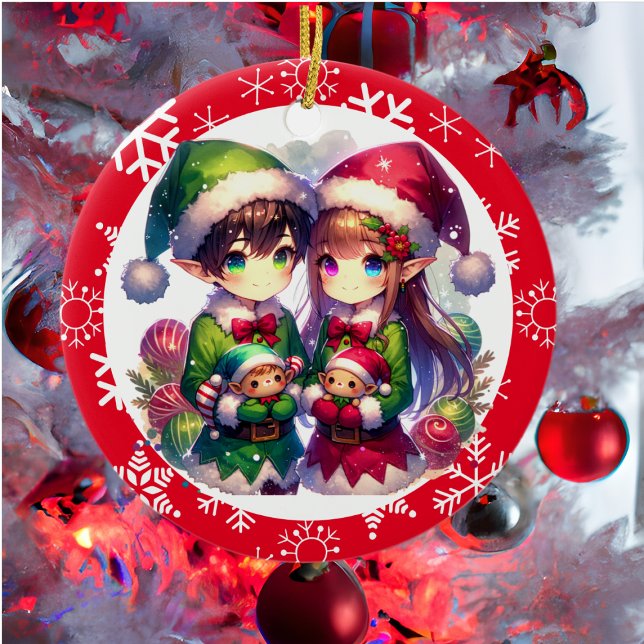 Cute Anime Elves and Snowflakes Christmas  Ceramic Tree Decoration (Creator Uploaded)